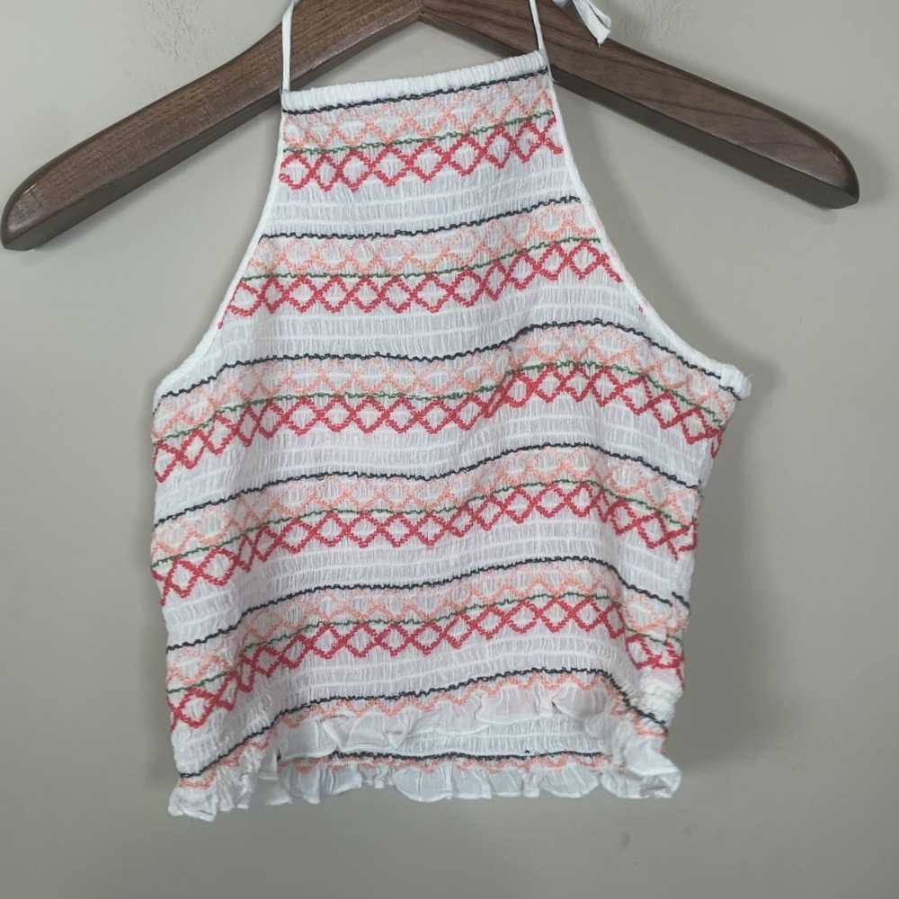 American Eagle Smocked Embroidered Halter Crop Tank Top Boho Festival  Medium
